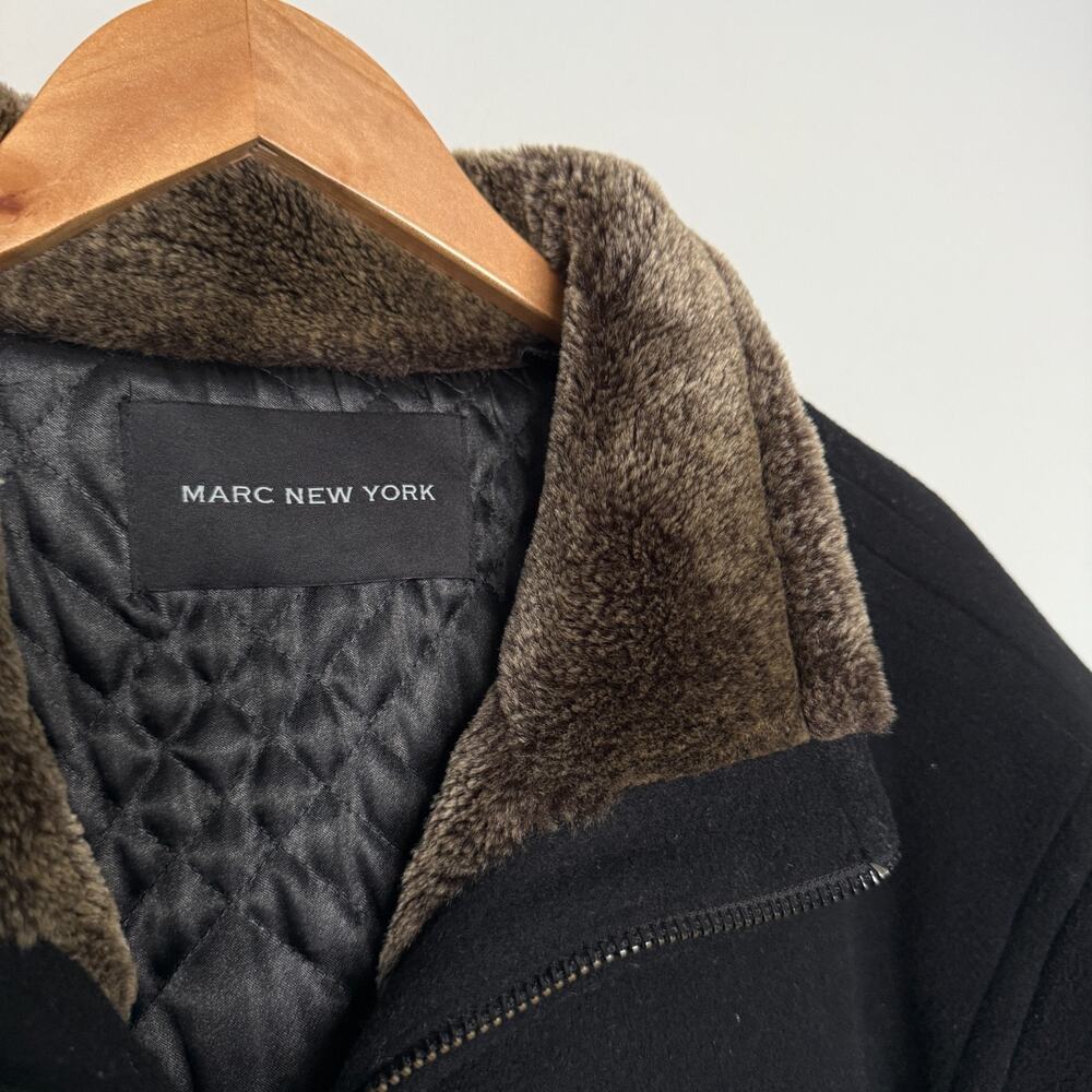 MARC New York Mens Coat XL Black Wool Cashmere Made in Italy Faux Fur Collar - Picture 4 of 11